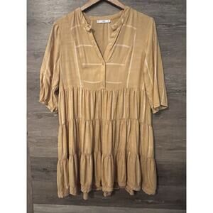 Mango Dress Flowy Sz Large Summer Crotchet Hem V Neck Mustard 3/4 Sleeves
